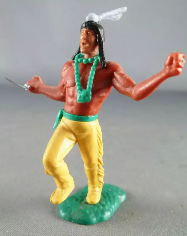 Seulement Aujourd'hui Timpo Indiens 3ème série (tête 3 pièces - ceinture pagne) piéton les bras tendus (couteau) jambe droite levée jaune plume bleu c